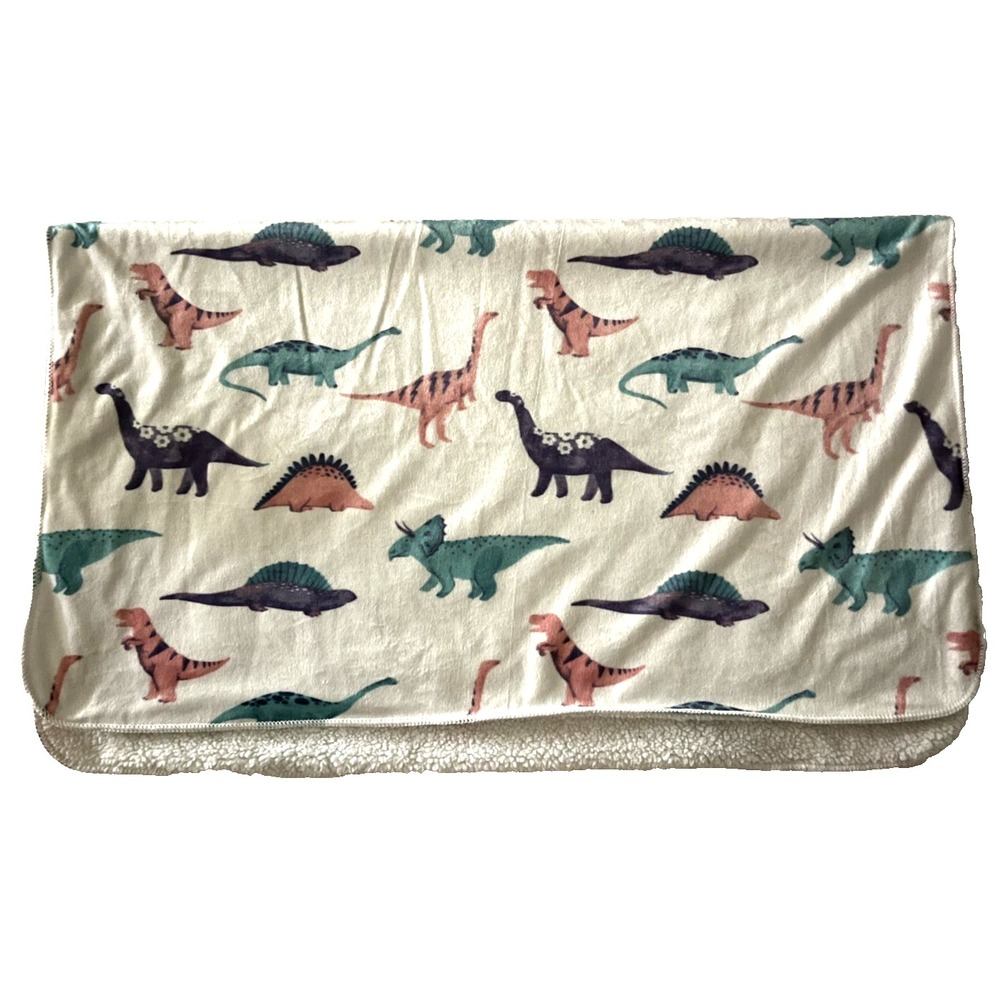 White Baby Dinosaur Blanket Plush Sherpa Purple Pink Green Dino 30x40 Lovey Girl